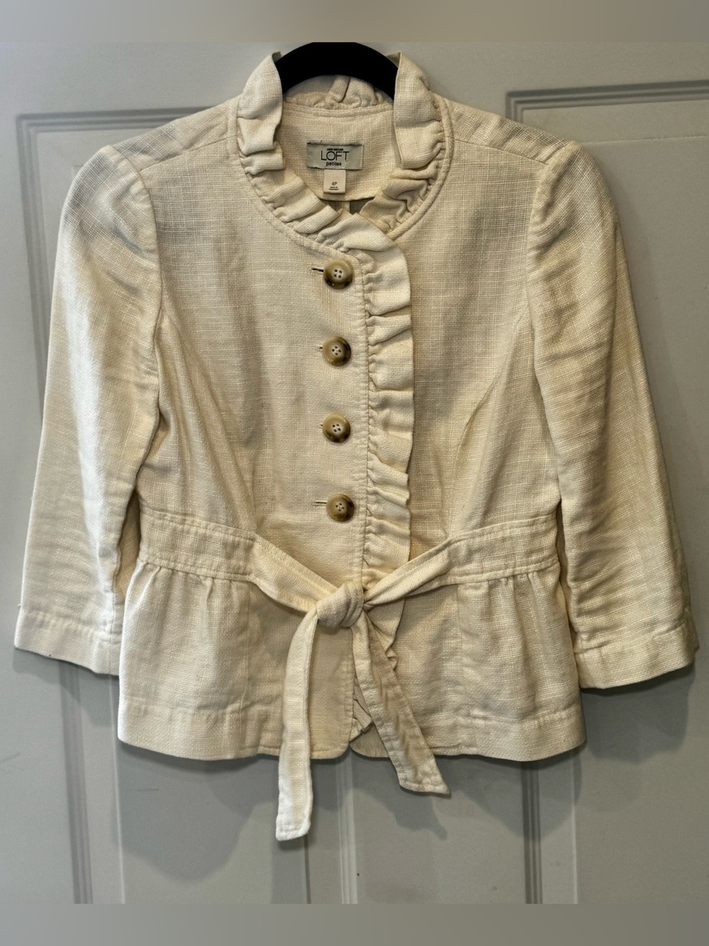 Y2K Vintage Ann Taylor LOFT Cream Button-front linen jacket blazer waist belt 4P